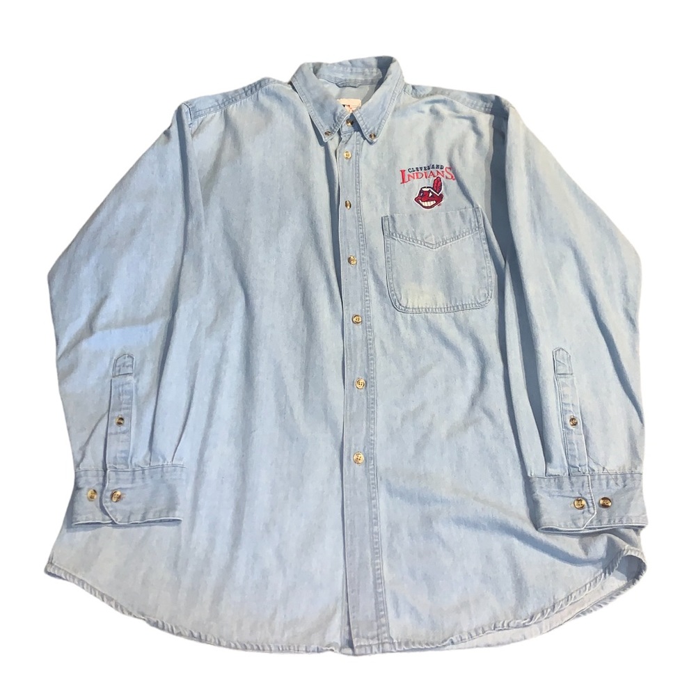 Vintage 90s Cleveland Indians Denim Button Down Shirt Chief Wahoo